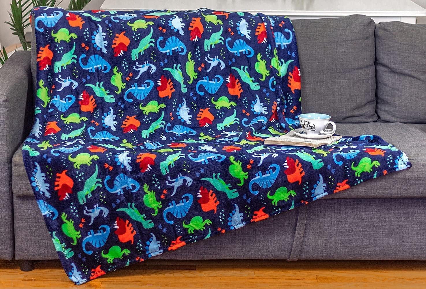 Summertime Whimsy Plush Fleece Kid Throw Blanket (50" x 60") - Dino Time - Soft Dinosaur Throw Blanket - for Boys and Girls and Kids of Any Age