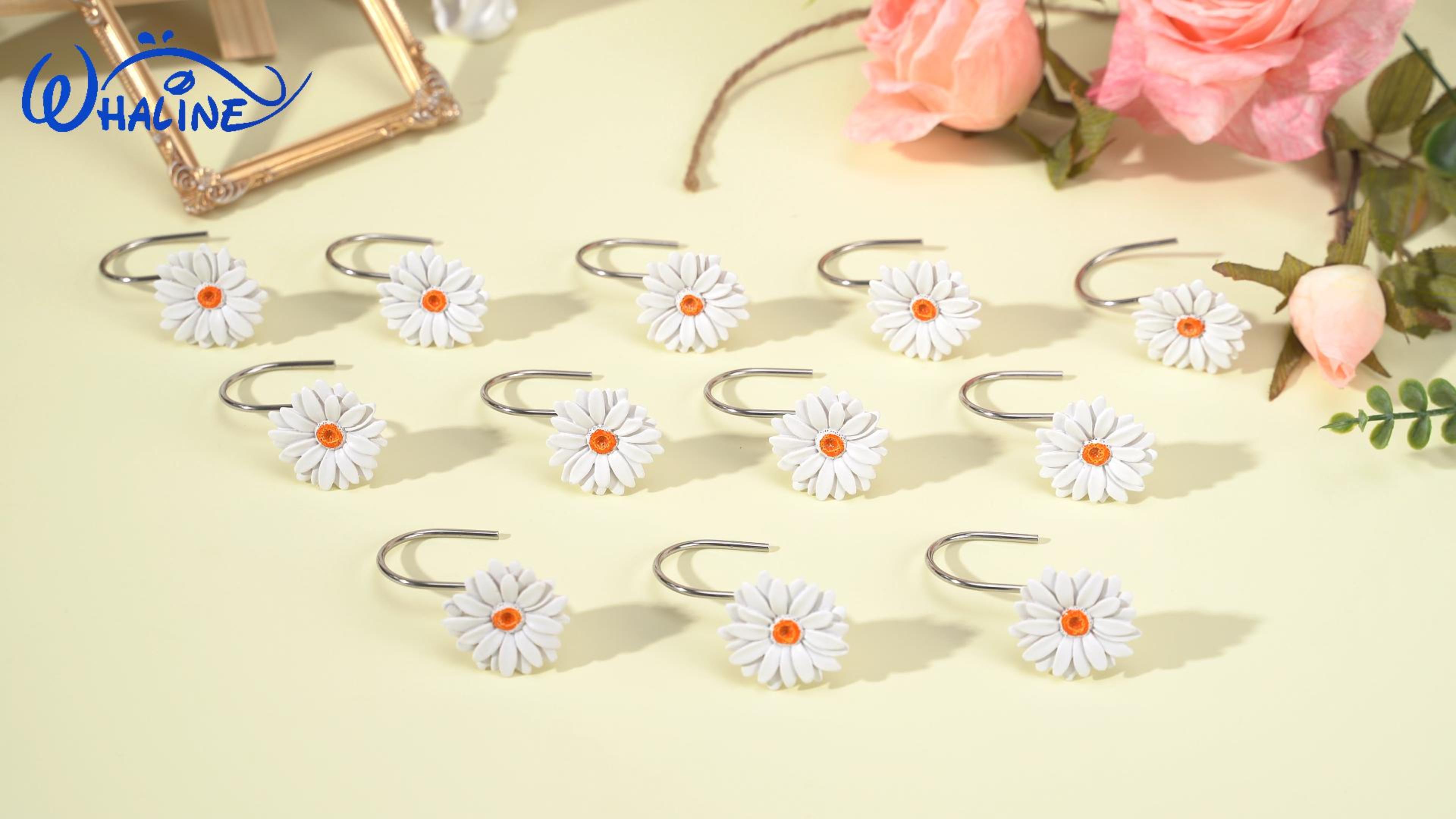 SUQ I OME 12-Pack Daisy Flower Shower Curtain Hooks - White & Yellow, Stainless Steel & Resin