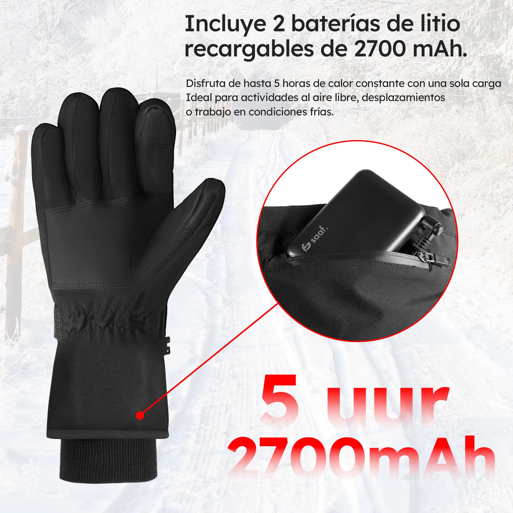 Guantes con calefacción – Pro – 3 niveles – Guante eléctrico – Resistente al agua y al viento – Guantes con calefacción recargables – Negro – de Saaf