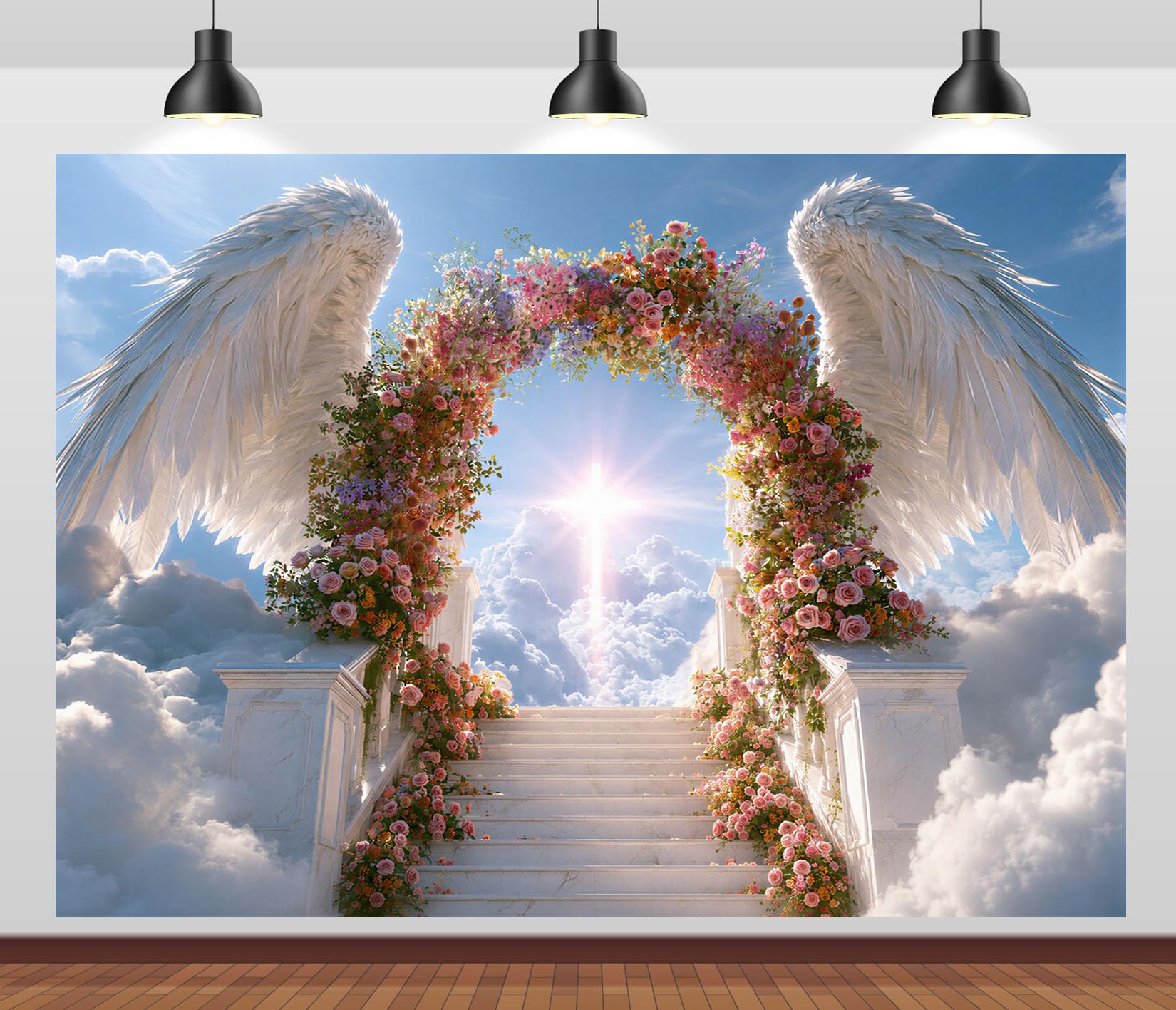 10x6.5FT (3x2m) Portale Fiorito Con Ali Sfondo Fotografico | Ingresso Tra Le Nuvole Fondale In Tessuto Resistente,Ali Piumate E Rose Colorate,Feste Di Nozze,Personalizzabile,Photo Booth
