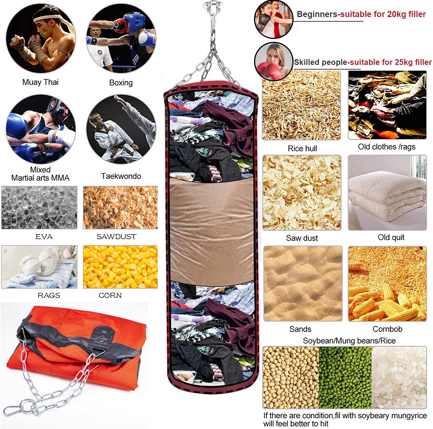 Saco de Boxeo Resistente sin Relleno, Bolsa de Punching Colgante con Vendas, Gancho y Cadena para Adultos y Niños