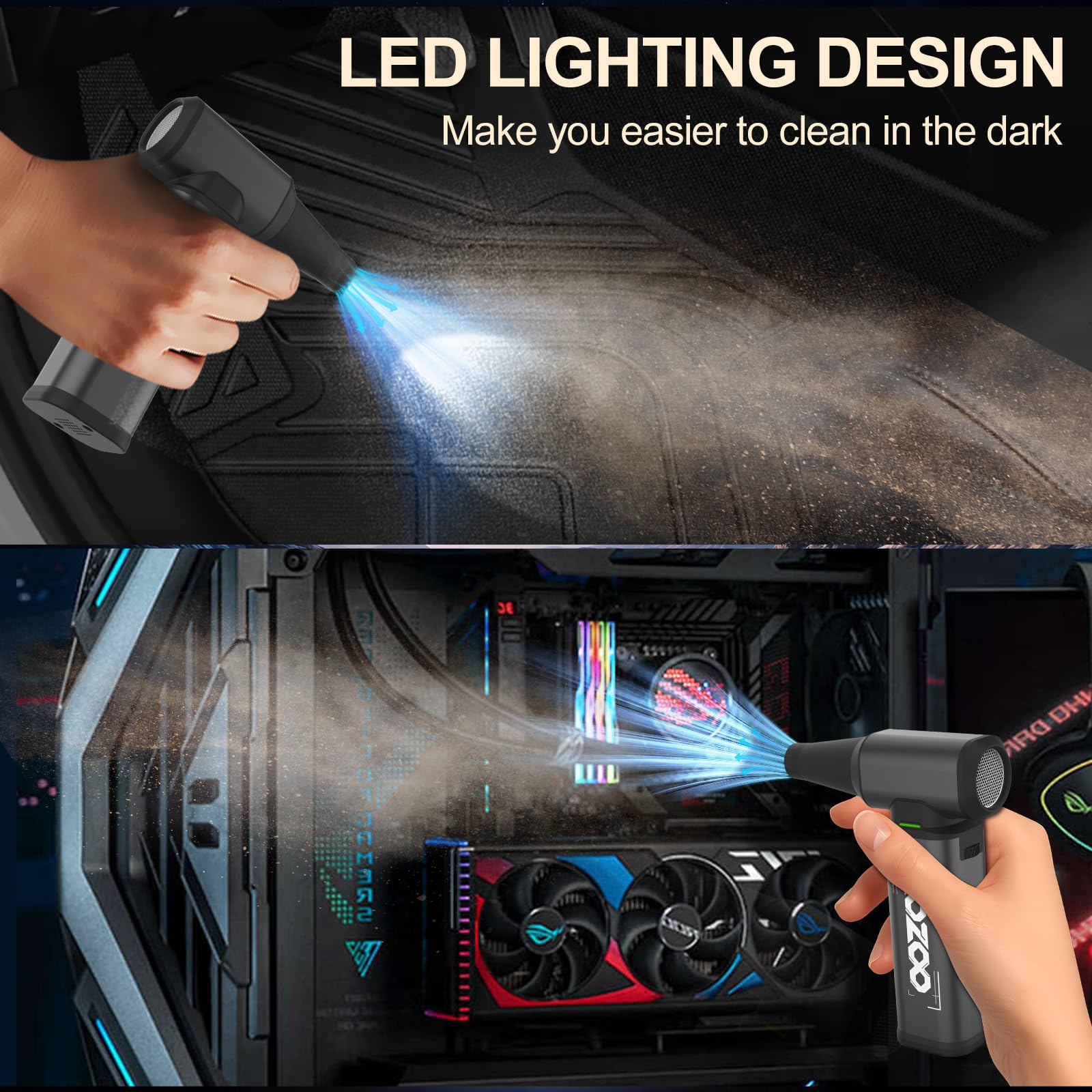 Druckluft-Staubwedel, 180000 U/min, leistungsstarker kabelloser elektrischer Staubwedel mit bürstenlosem Motor und LED-Licht, wiederaufladbarer Staubgebläse mit stufenloser Geschwindigkeitsregulierung
