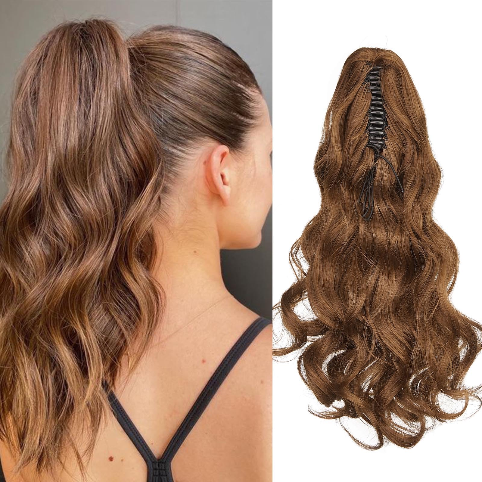 Cybelleza Ponytail Extension Curly Wavy Claw Jaw Pony Tail 18" One Piece Clip in Hair Extensions Ponytail Hairpiece Synthetic Long Natural for Women Light Auburn