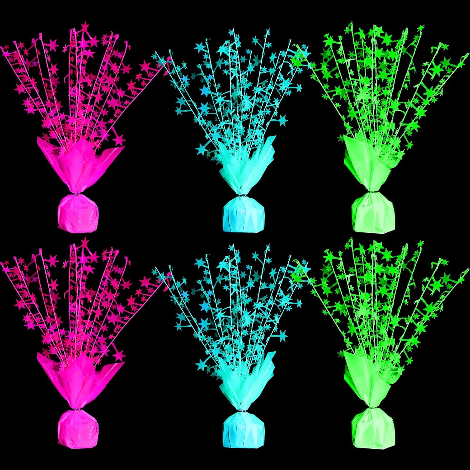 6 Pack Glow in The Dark Centerpieces Neon Birthday Party Decoration Metallic Foil Spray Star Tabletop Fluorescence Party Supply Under UV Light for Graduation Back to Classroom Birthday