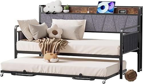 Miniatura 9 de Sofá cama individual con nido, moderno sofá cama individual, marco de cama de metal resistente con cabecera tapizada para sala de estar, dormitorio,