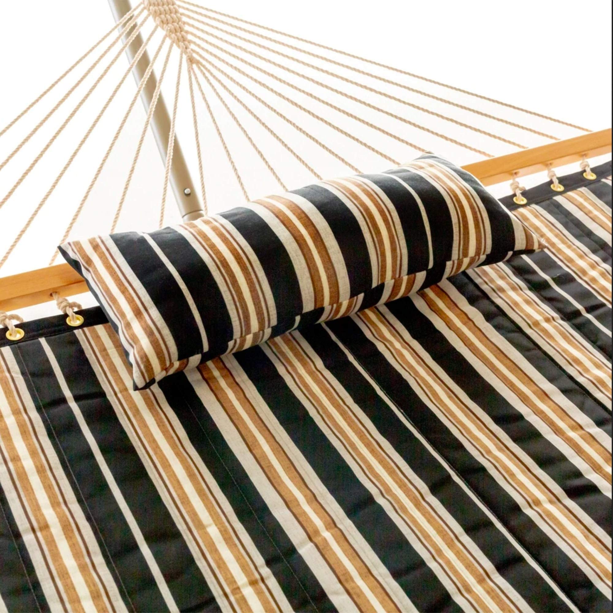 Castaway Living Large 2-Person Quilted Hammock with Space Saving Knockdown Stand and Detachable Pillow - Beige & Black Stripe, Heavy Duty Construction, 10 ft x 52 in, 350 lbs. Weight Capacity