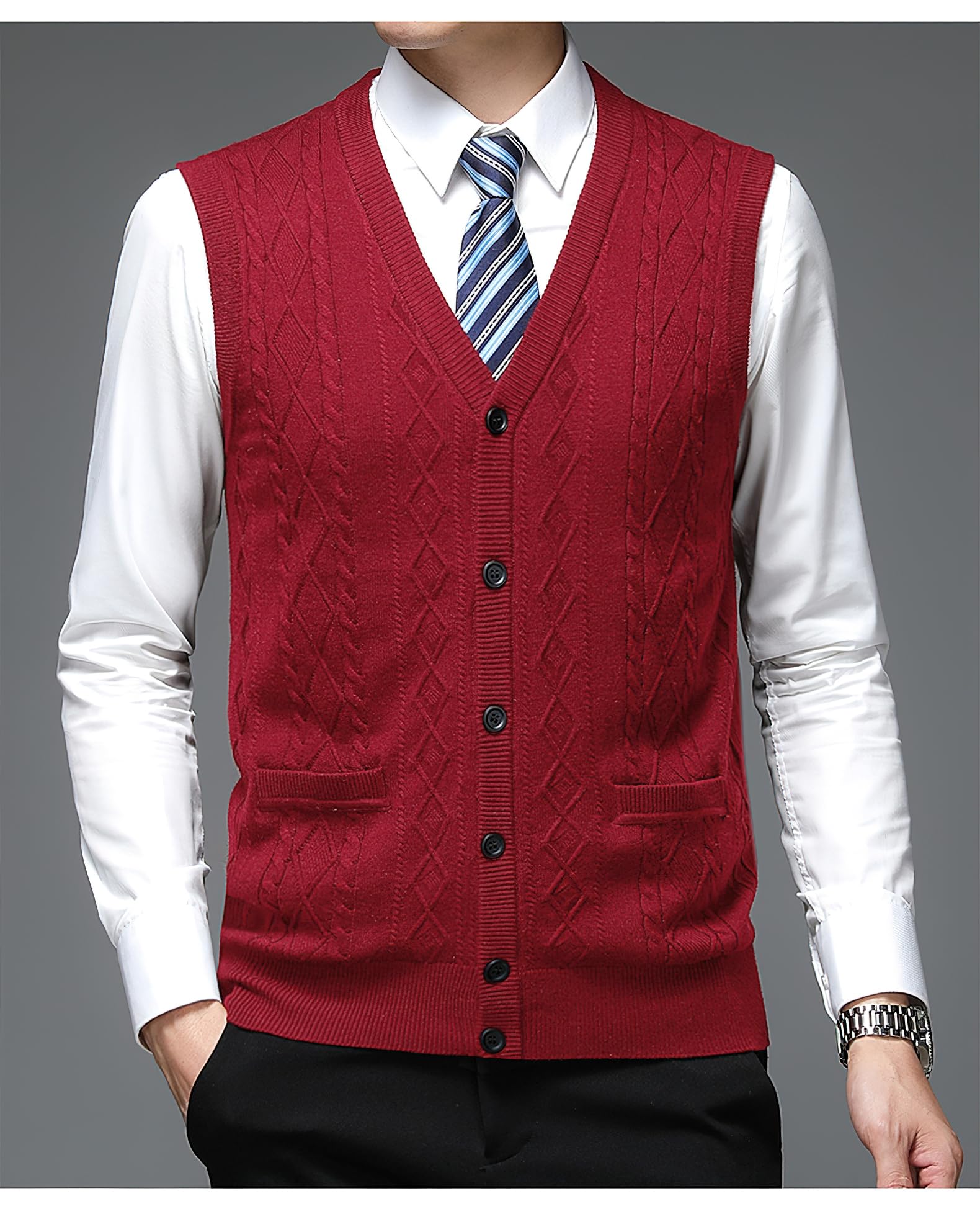 Gilet classique en laine mélangée à col en V pour homme sans manches avec poche et boutons sur le devant