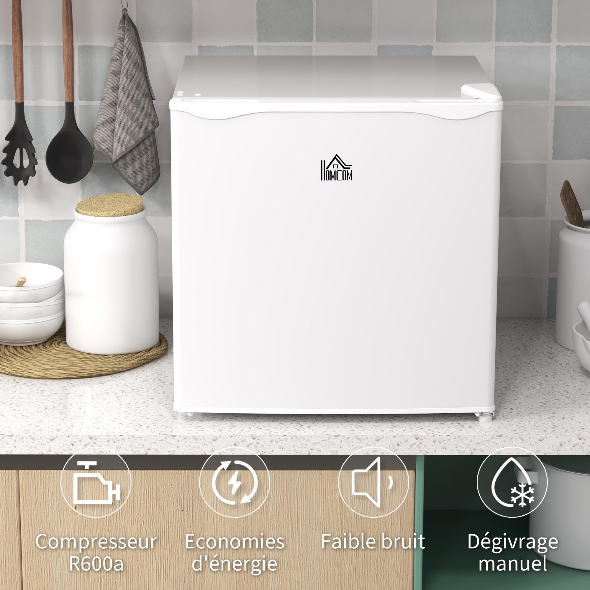 HOMCOM Mini congélateur 35L -14 à -24°C Compact étagère amovible Porte réversible Classe E 47x44,2x48,8 cm Blanc