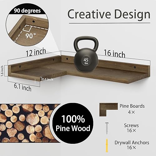 Miniatura 2 de Juego de 4 estantes de esquina flotantes, estante de pared flotante de madera de pino rústico para almacenamiento de decoración de pared, estante de