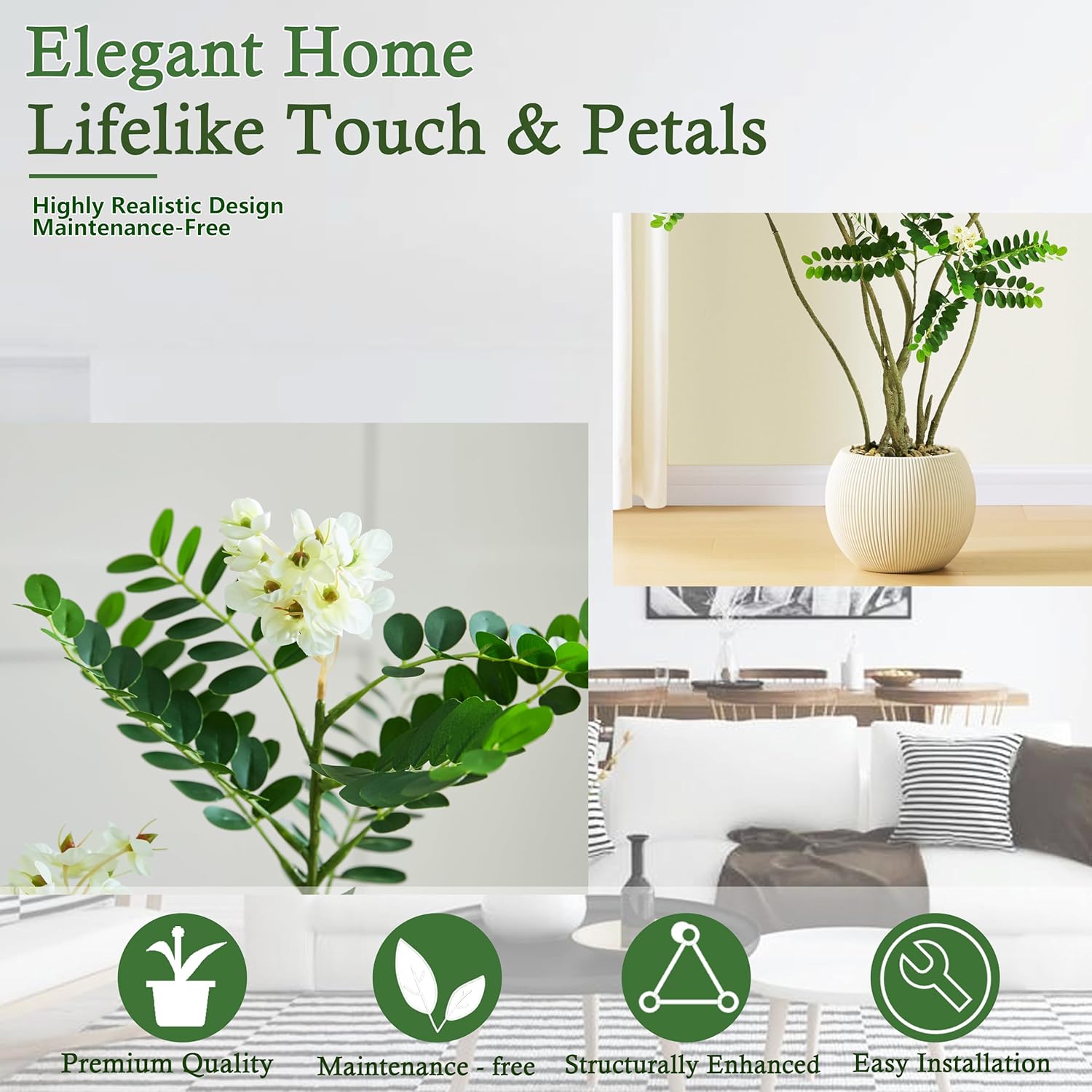 Artificial Locust Tree:6FT Faux Black Locust Floor Plant with White Flowers Small Round Silk Leaves & Elegant Branches in Beige Ribbed Planter for Indoor Home Office Decor Hotel Patio Studio - Image 4