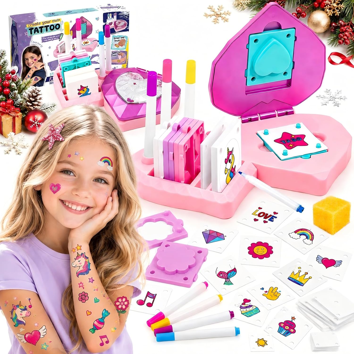 Temporary Tattoo Maker Kit for Girls, DIY Kids Tattoo Kit with 40 Sheets & 4 Shape Molds, Birthday Gifts for Girl Ages 5 6 7 8 9 10 11 Year Old, Arts and Crafts for Girl, Tattoos Toys for Girls