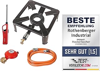 ROTHENBERGER Industrial Hockerkocher inkl. 1,5 m Propan-Gas-Schlauch & Propan-Konstantregler für Camping, Outdoor, nur für die Verwendung im Freien inklusive Gasanzünder zur Zündung