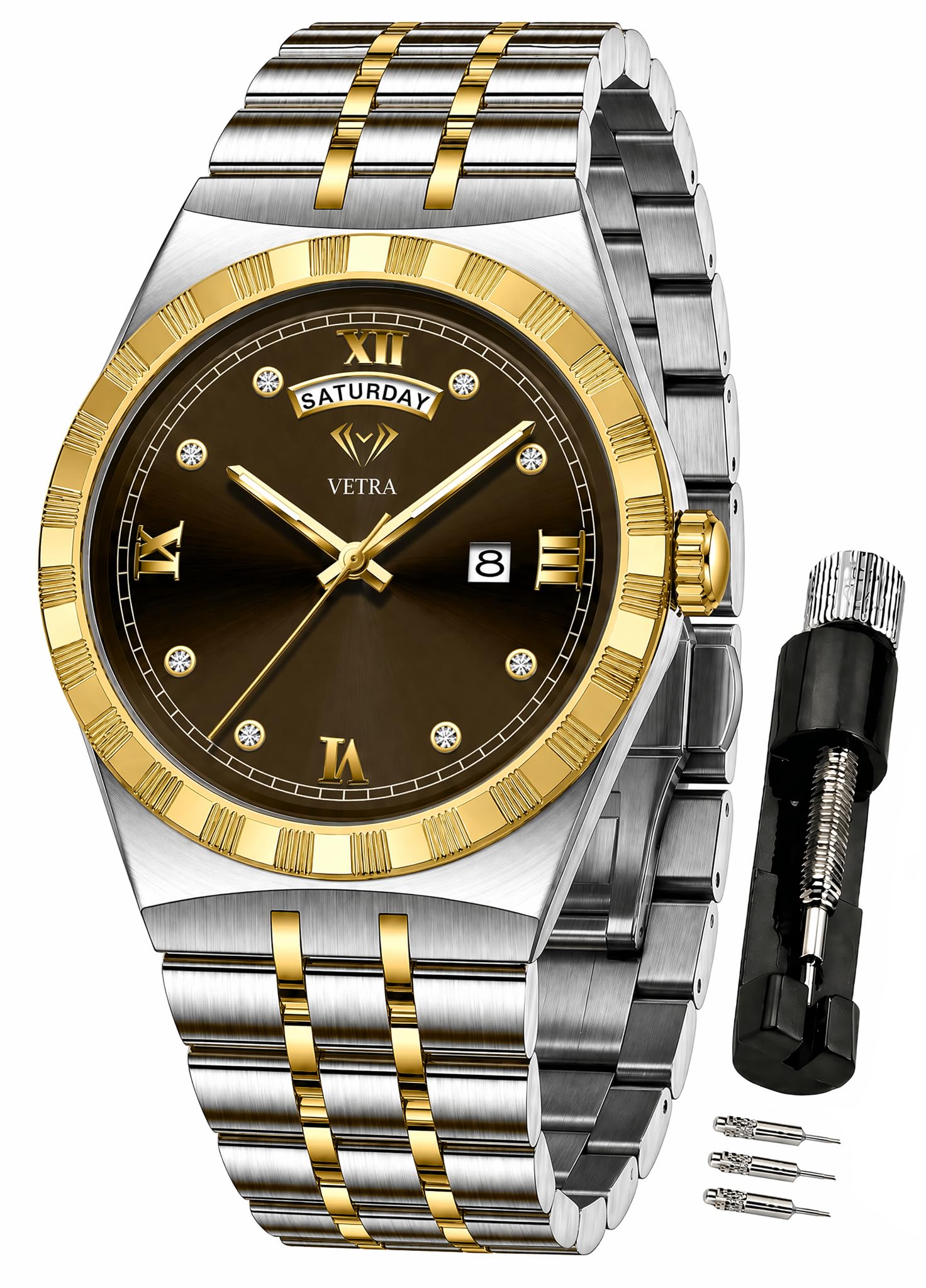 Vetra Watches for Men Luxury Diamond Dress Business Classic Wrist Watch | Fashion,Stainless Steel, 30M Waterproof,Luminous,Date Day,Gift for Men