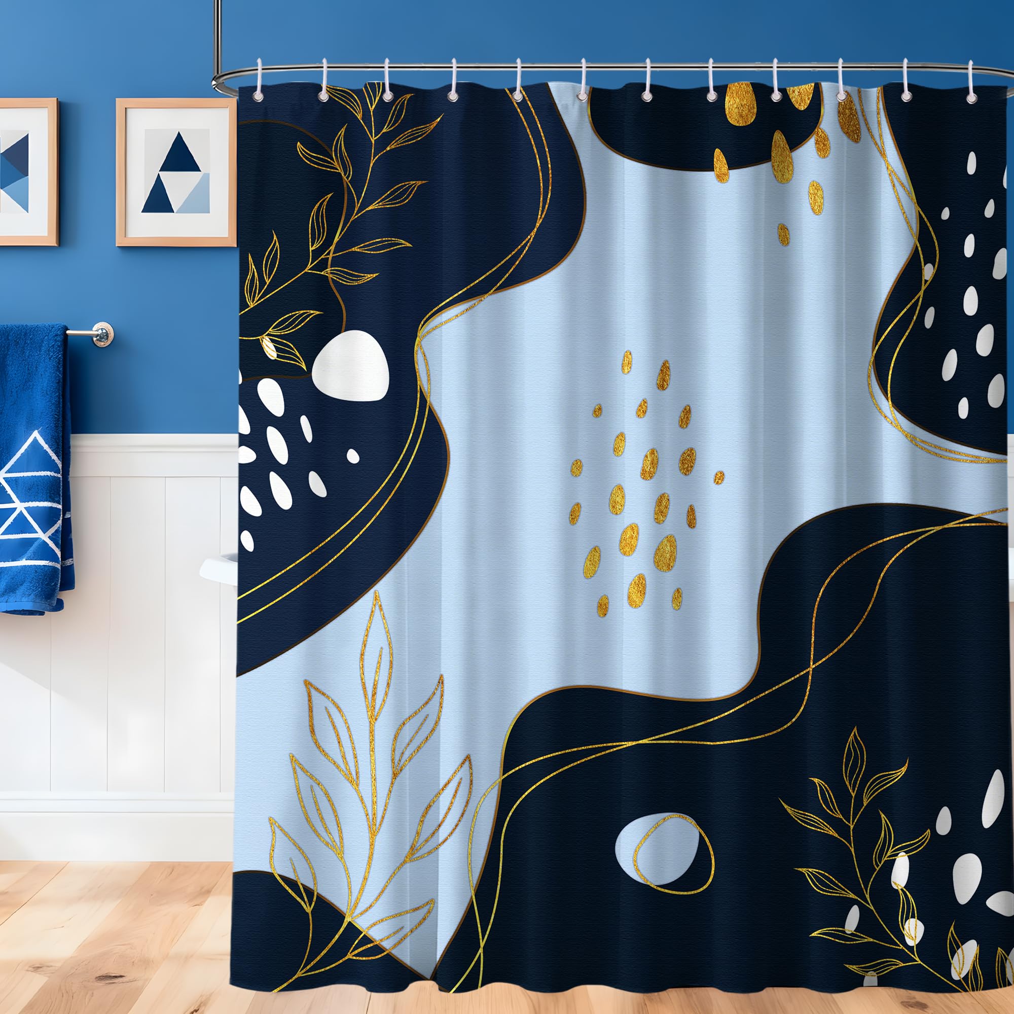 LanZanthic Navy Blue and Gold Shower Curtains for Bathroom Dark Blue Modern Boho Wet Room Shower Curtain with hooks, Mould Proof Resistant, Waterproof, Washable, Fabric, 180 x 180 cm