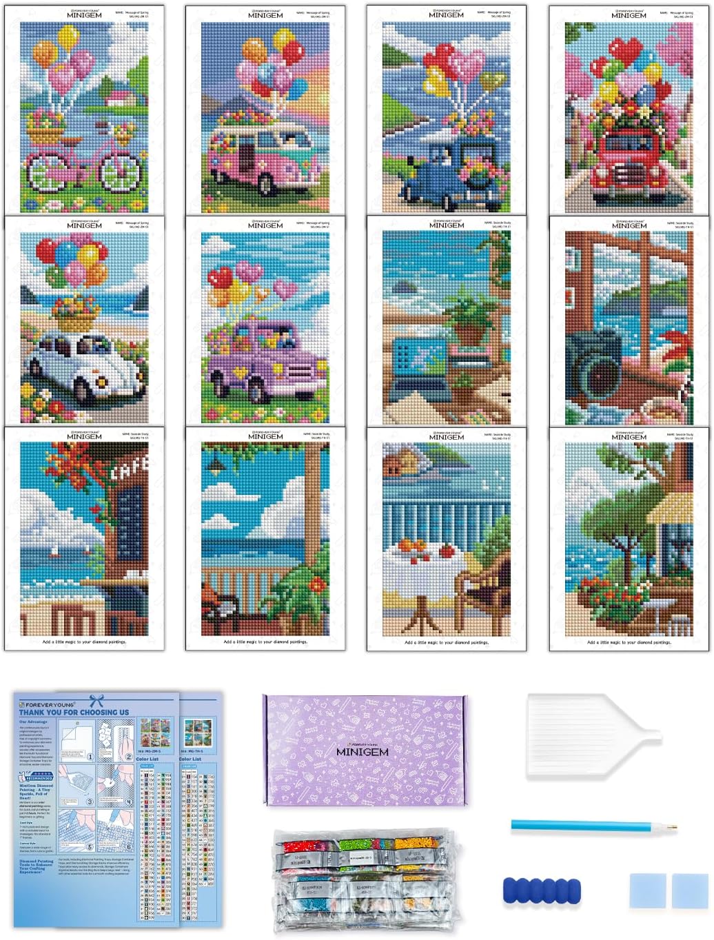 forever young Minigem Small Diamond Art Kits for Beginners, 12Pcs Resin Square Drill Diamond Painting Kits for Adults, 2-Hour Canvas Mini Diamond Art Kits 5x7 Inch – 2 Sets: Sea Echo & Dream Journey