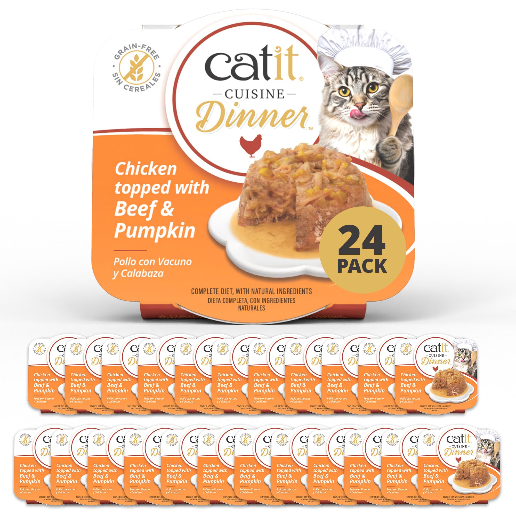 Catit Cuisine Dinner, Chicken Topped with Beef Dual-Layered Terrine, Grain Free Wet Cat Food in Gravy, Real Meat Food for Adult Cats, 24 x 75g