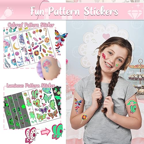 Miniatura 3 de TEUVO Kit de tatuaje con purpurina para niños con 50 colores, 177 plantillas, 25 calcomanías de patrones mixtos (coloresluminosos), 2 calcomanías de