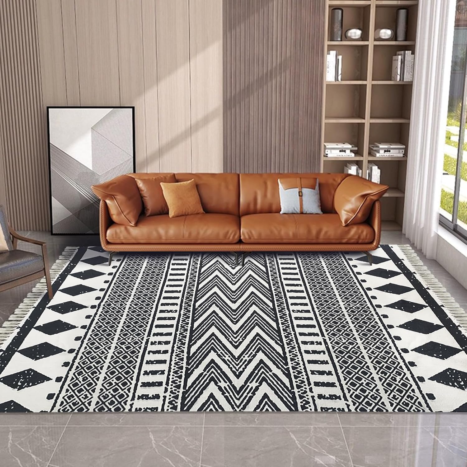 USTIDE Grand tapis bohème en coton tissé à la main avec pompons - Motif géométrique tribal - Pour salon, chambre à coucher, buanderie, cour - Noir et crème - 160 x 230 cm