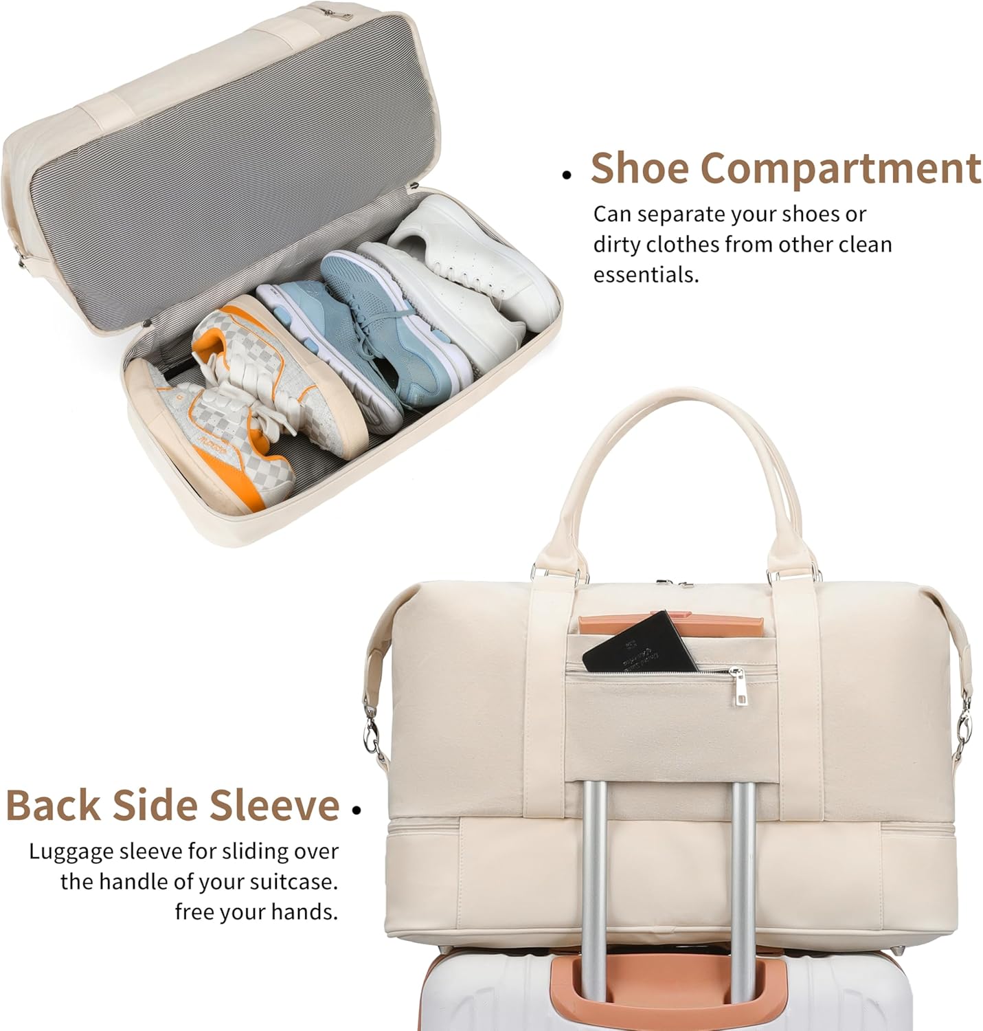 Oeihuivt Weekender Bags for Women - 21 Inch Large Travel Duffel Bag 2-Piece Set with Shoe Compartment, Heavy-Duty Canvas Leather Carry On Overnight Tote - Image 7