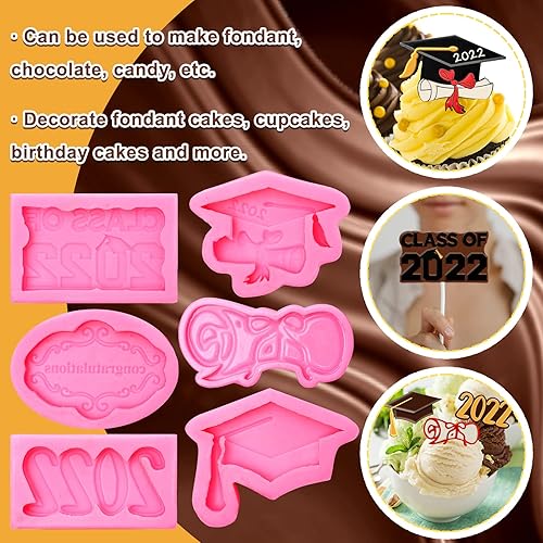 Miniatura 4 de Whaline Paquete de 6 moldes para fondant de graduación de silicona para graduación clase de 2022 moldes para felicitaciones chocolate para fiesta de