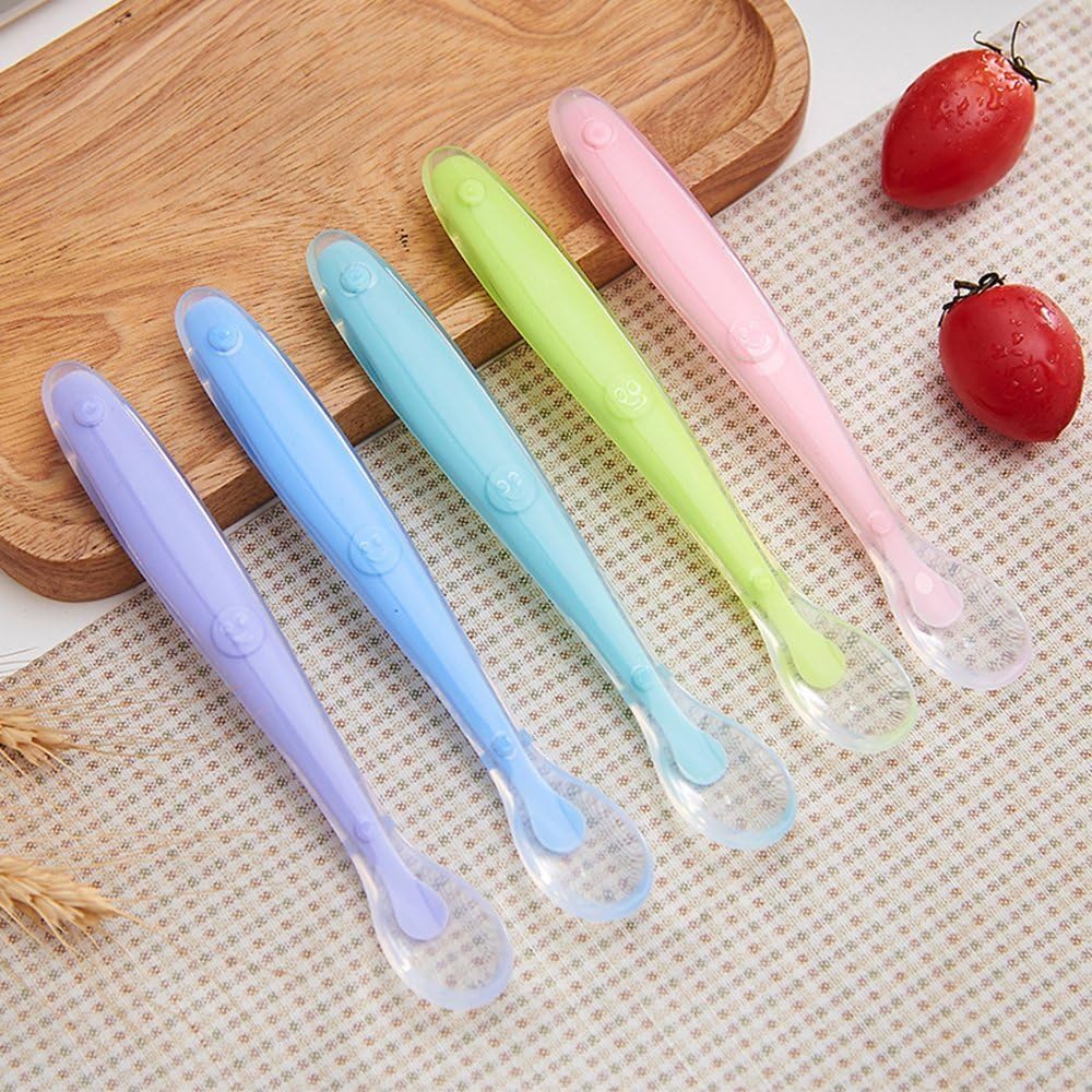 OneBelief Baby Spoons, Weaning Feeding, Coffee Milk Stirring Stick, Sugar Salt Seasoning Teaspoons, BPA Free Safe Soft Silicone Spoon (Pack of 5 (5 Colors))