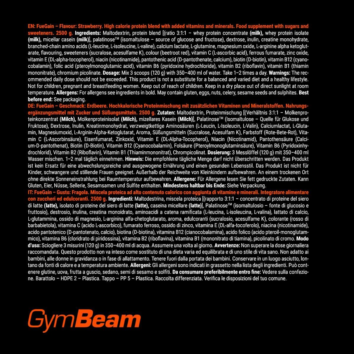 GymBeam FueGain Mass Gainer Protein – Premium All in One Blend für Muskelwachstum und -erhaltung, angereichert mit Kreatin, Glutamin, BCAA und AAKG (2500g, Schokolade)