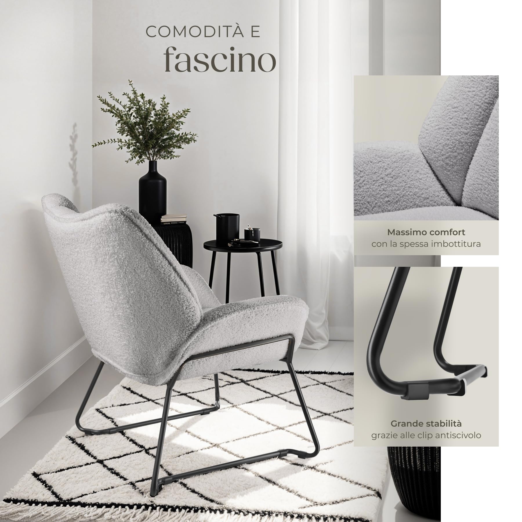 tectake® Poltroncina in Stile Scandinavo, Poltrona Camera da Letto Tessuto Bouclé, Sedia Ergonomica con Telaio in Acciaio, Sedia Cucina Antiscivolo, Carico Max. 120Kg - Grigio Chiaro