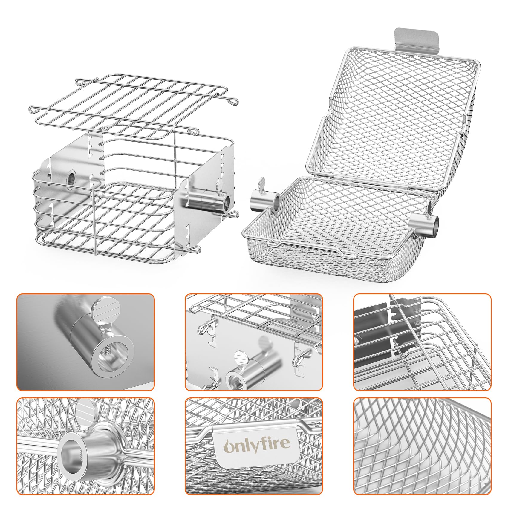 Onlyfire 2 Panier à Barbecue en Acier Inoxydable pour Tournebroche, Panier Grille pour Barbecue, Panier de Cuisson pour Légumes, Frites, Viande, Poisson, Carré + Rond