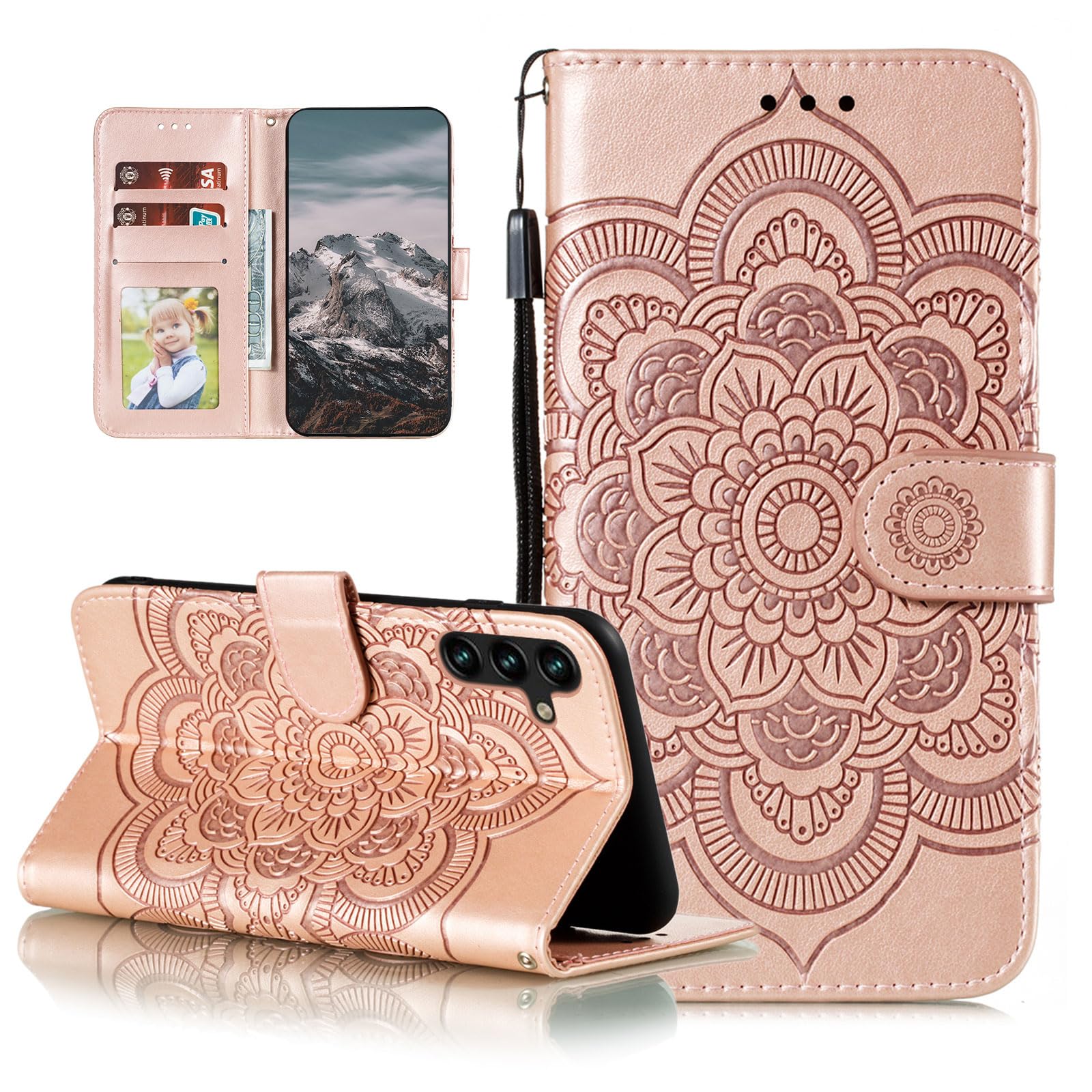 EYZUTAK Case for Samsung Galaxy S24, Premium Leather Magnetic Closure Wallet Case with Card Holder Cash Slot Stand Function Embossed Mandala Flower