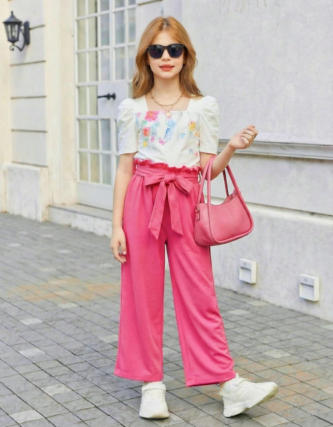 Arshiner Girls 2 Pieces Outfits Kids Square Neck Puff Sleeve Tops and Pants Set with Pockets 6-14 Years - Image 2