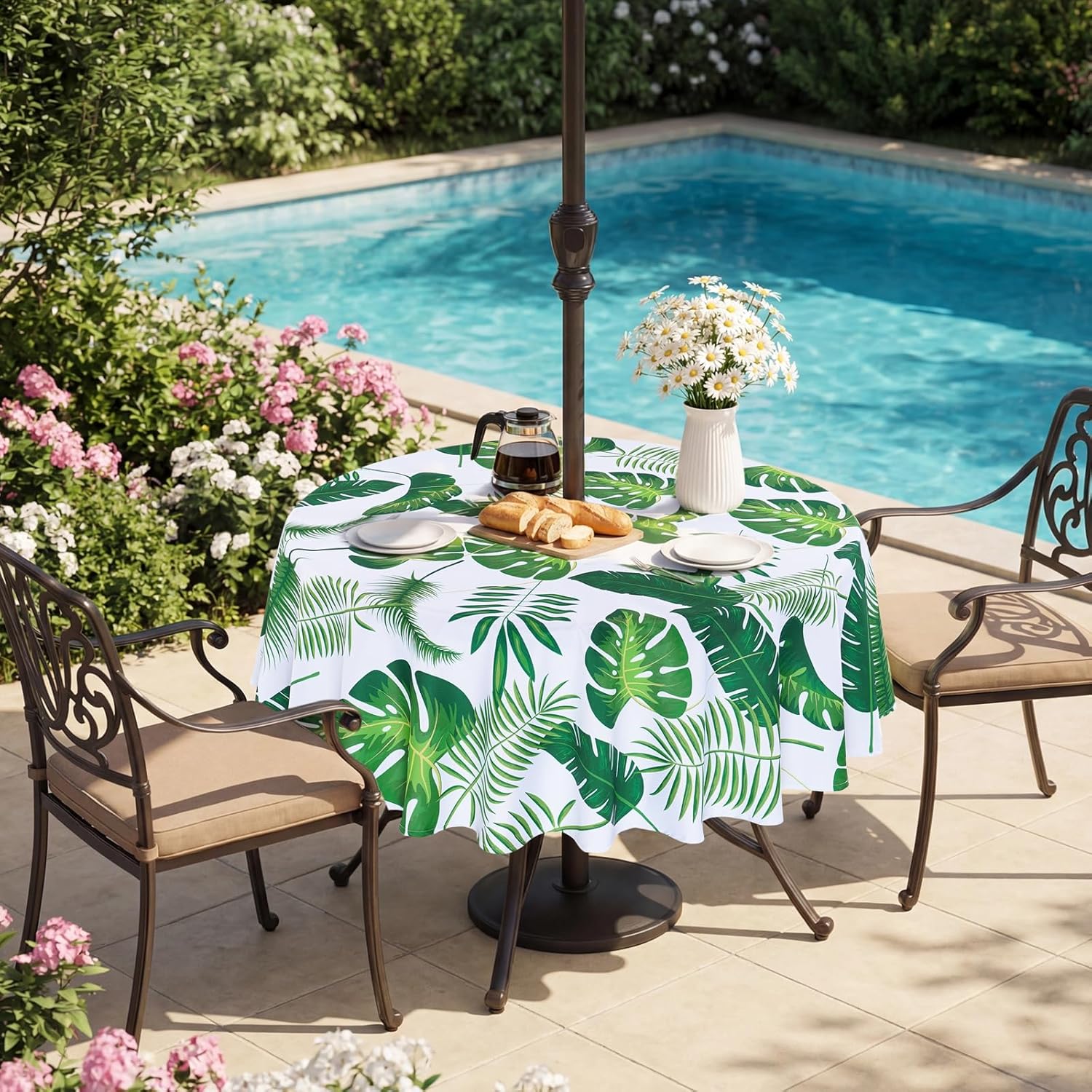 SquarePie Round Outdoor Tablecloth with Umbrella Hole - 70 Inch Water Resistant & Spillproof Table Cloth,Zipped Patio Picnic Table Cover for Camping/Picnic/BBQs/Backyard,Palm Leaf