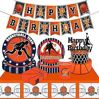 47 PCS Basketball Birthday Party Supplies Basketball Birthday Party Plates and Napkins Basketball Birthday Banner Basketball Birthday Party Decoration Basketball Tablecloth Basketball Cake Decoration