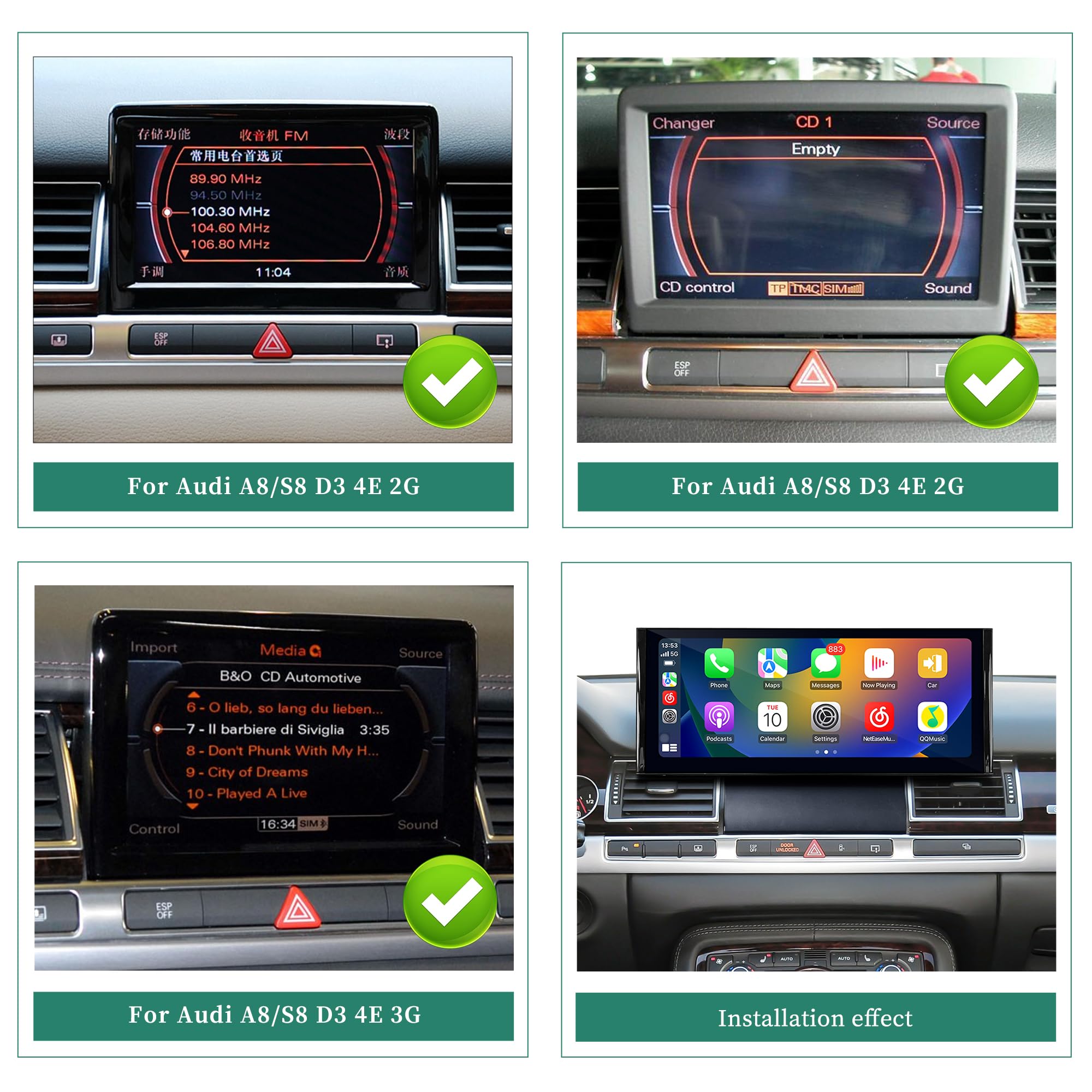 12,3-calowy ekran Android do Audi A8 S8 RS8 D3 MMI 3G, bezprzewodowa CarPlay, Android Auto, lustrzane odbicie ekranu, podzielony ekran, Wi-Fi, nawigacja, muzyka, kamery samochodowe, aplikacja, Netflix