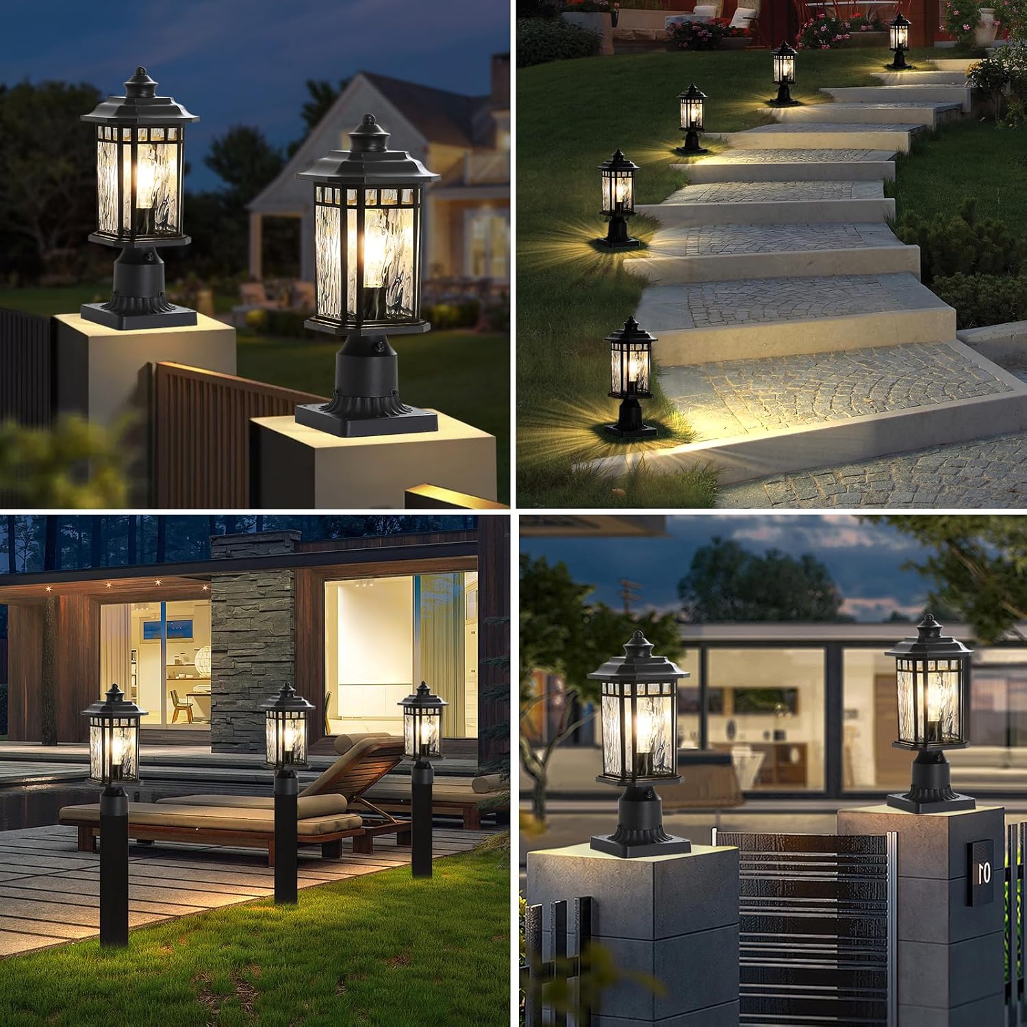 DASTOR 2 Pack Outdoor Post Lights, Dusk to Dawn Outdoor Lamp Post Light Fixture with Pier Mount Base, Waterproof Aluminum Post Lantern for Garden Patio Pathway