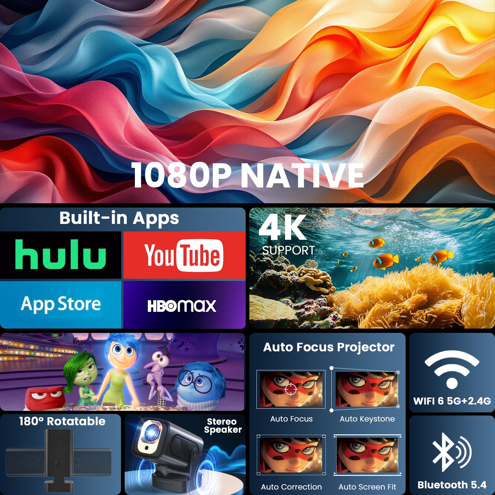 Vidéoprojecteur 2026 [Auto Focus & 1080P Natif & Apps intégréess] Rétroprojecteur 4K Auto Correction WiFi 6 BT 5.4 Mini Projecteur Portable Compatible avec HDMI/TV Stick/Memory Stick/Laptop, Noir