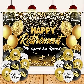 Happy Retirement Party Decorations, 43.3 x 70.8 Inch Black Gold Happy Retirement Sign Banner with Rope 18 Pcs 12 Inches Retirement Balloons Decoration (Black White Gold) for Retirement Party Favor