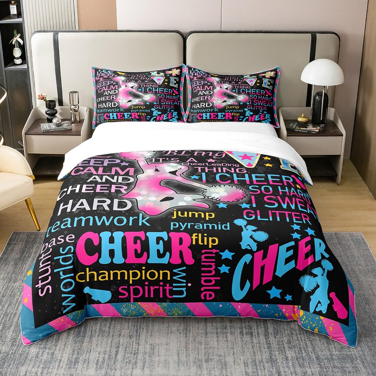 Loussiesd Mädchen Gymnastiks Tanzen Betten Set Cheerleading Bettwäsche Set 135x200cm 100% Baumwolle Cheerleader Bettbezug Set Gymnastik Sports Thema Bettdeckenbezug Bettbezug 2Stück