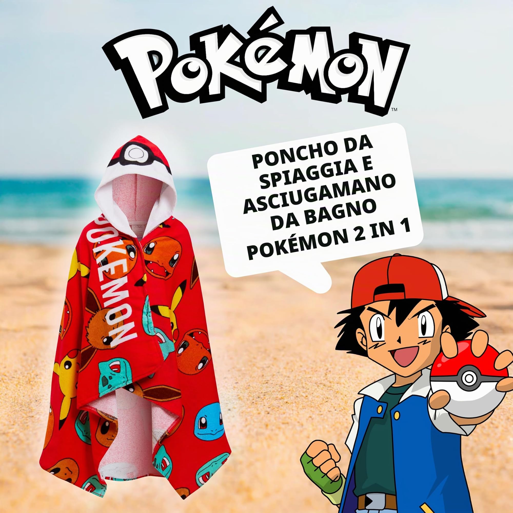 Pokémon Asciugamano con Cappuccio 100% Cotone - Poncho per Bambini da Spiaggia e Bagno Pokeball Pikachu - Avvolgente Copertura per il Cambio, Rosso