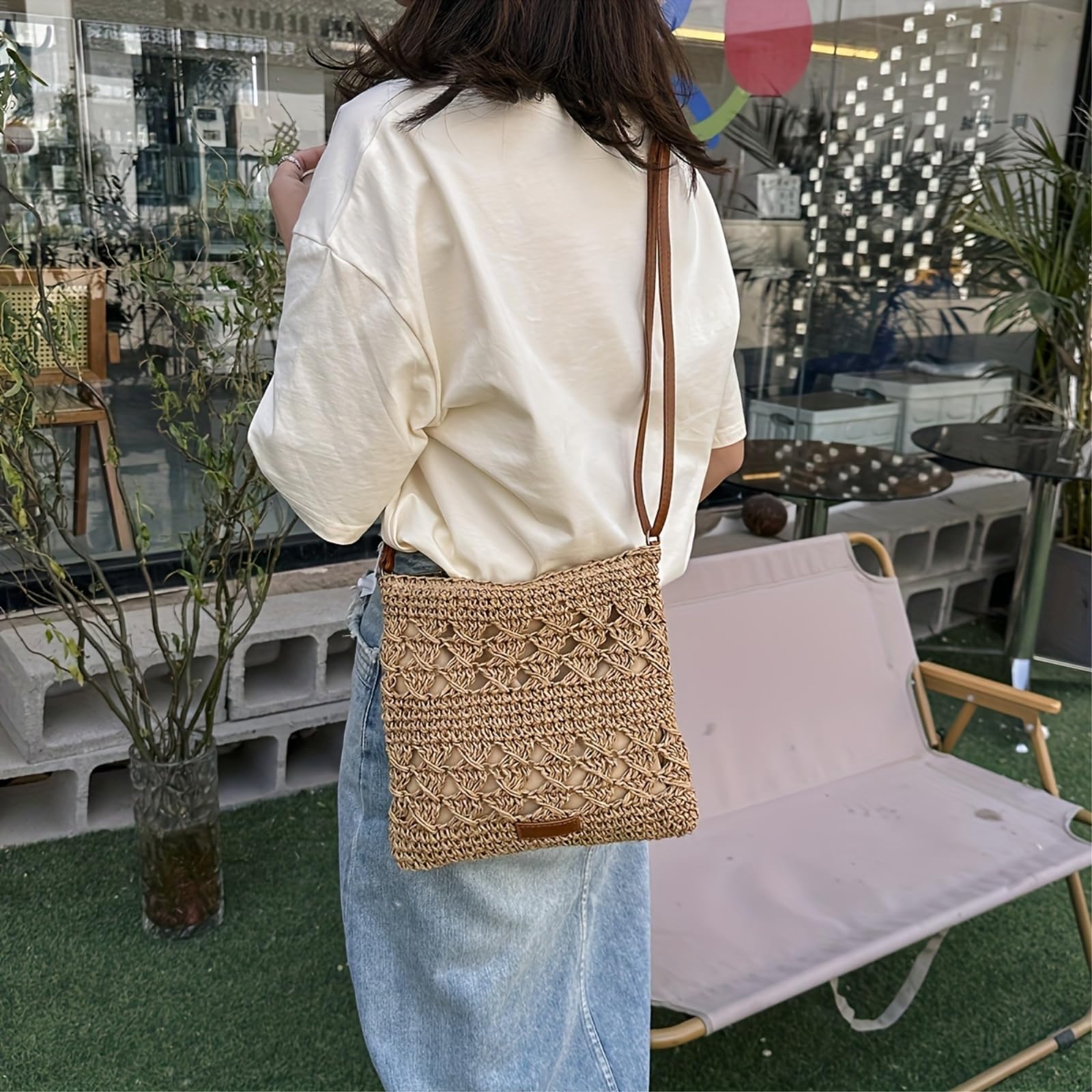 Borsa di Paglia Donna Crossbody in Papiro Elegante Fatta A Mano, Tracolla per La Spiaggia Estiva E Città delle Donne-Khaki