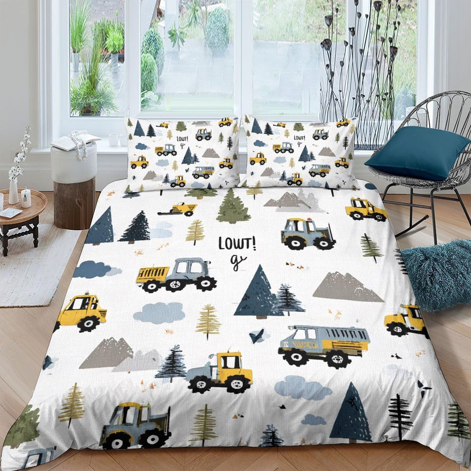 Ctjqhvkz Style-1 3D Printed Construction Truck Fitted Sheet Microfiber Soft Breathable Forest Mountain Bed Cover For Kids Bedroom Guestroom Decor Single（135X200cm）