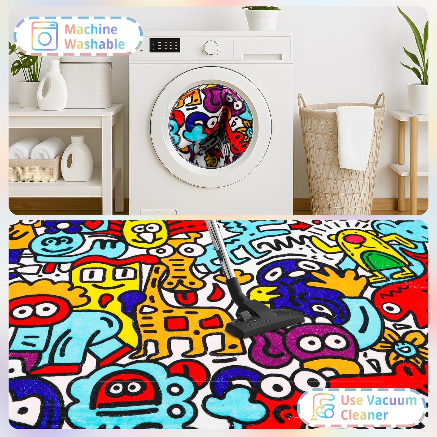 Colorful Graffiti Kids Rugs 59"x39.4" Area Rug Washable TPR Non-Slip Play Mat for Babies Infants Bedroom Playroom