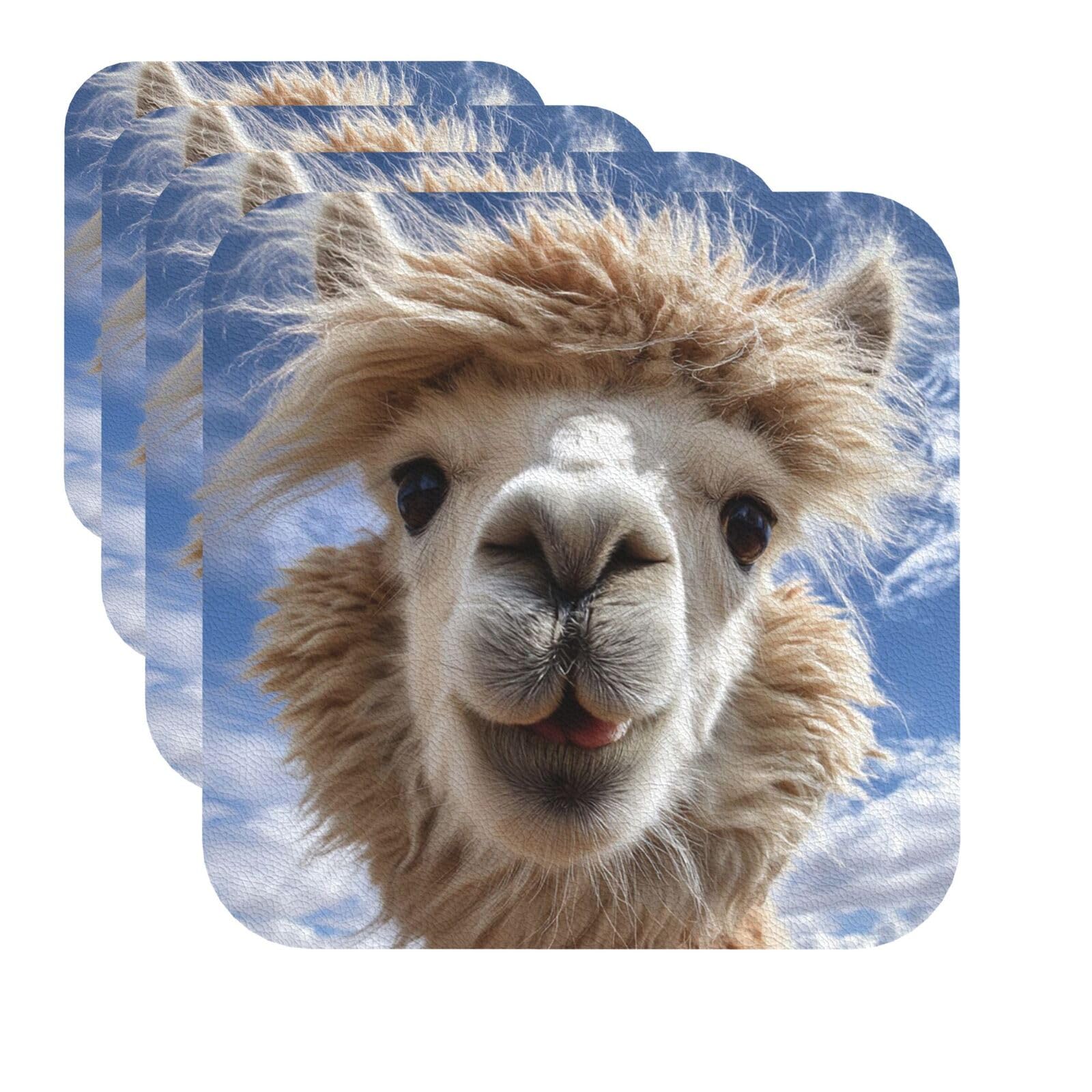Drink Coasters Set of 4 Quick-Dry Leather Coaster Funny Alpaca Llama Coasters for Drinks Coffee Cup Mat Tabletop Protection Heat Resistant Coaster for Kitchen Bar Office Home Decor