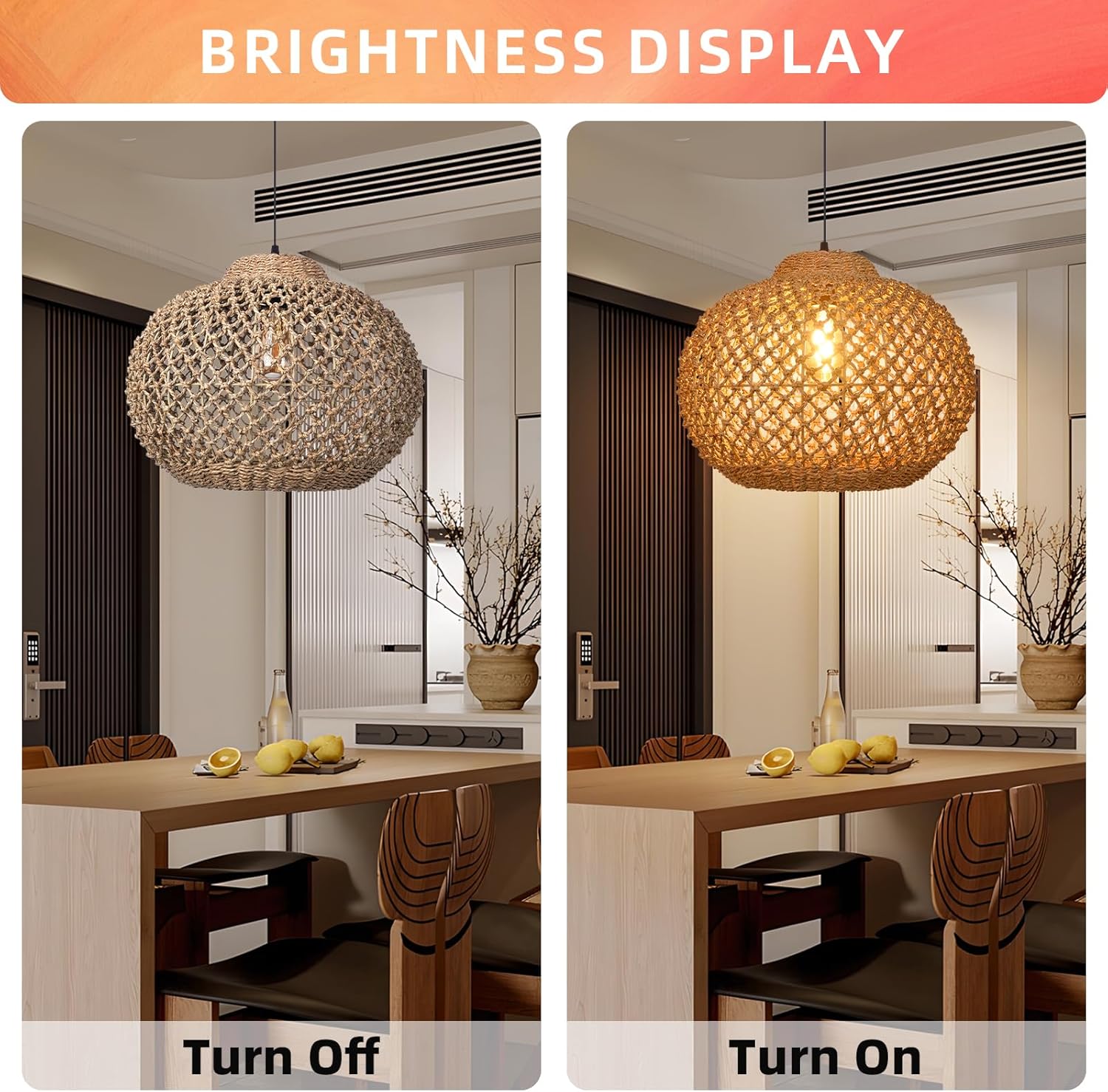 Arturesthome Boho Round Pendant Light,1-Light Rattan Chandelier Hand-Woven Wicker Pendant Light Coastal Beach Ceiling Hanging Light for Kitchen Island Living Room W 19.68"