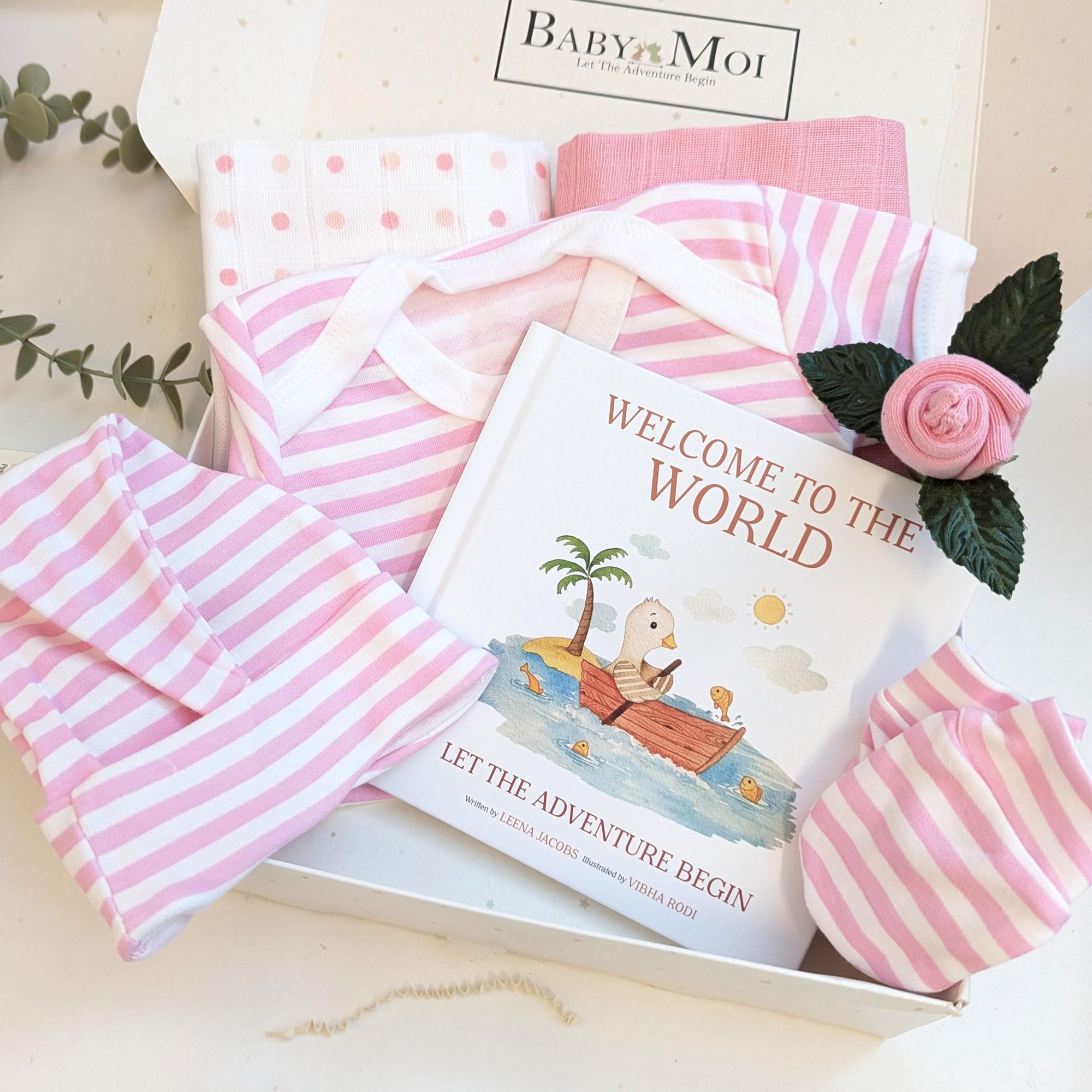 8 Piece Newborn Baby Girl Clothes and Keepsake Book Gift Set Essentials for Baby Shower Gifting and the New Parents Gifts 0-3 Mths Girl Pink Vest Socks hat Mitts Welcome to The World Story Book