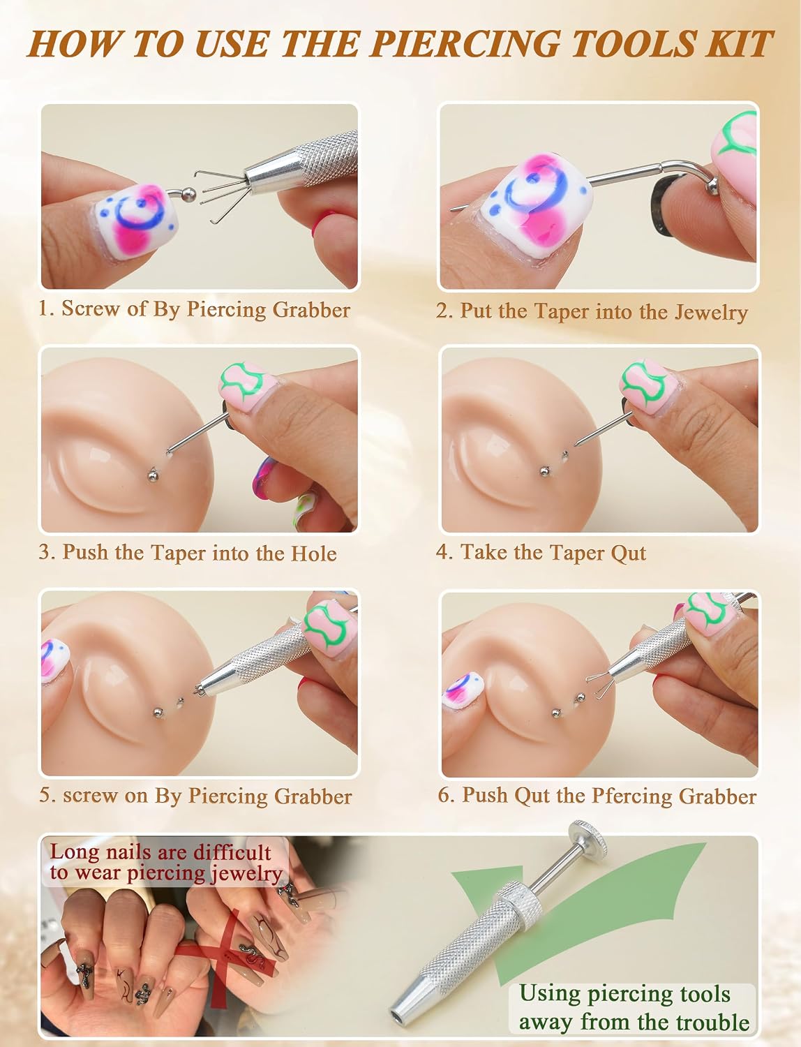Eyebrow Piercing Jewelry Set with Tool, Surgical Steel Curved Barbell Kit with CZ, Spike & Ball Replacement Ends, Internal Thread 6mm/8mm/10mm Rook Daith Lip Rings for Women Men