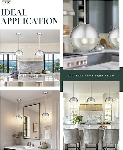 Miniatura 2 de LMS LMS-186BNC - Moderna lámpara colgante de 1 luz, lámpara colgante de isla de cocina de níquel cepillado con vidrio de globo transparente, varilla
