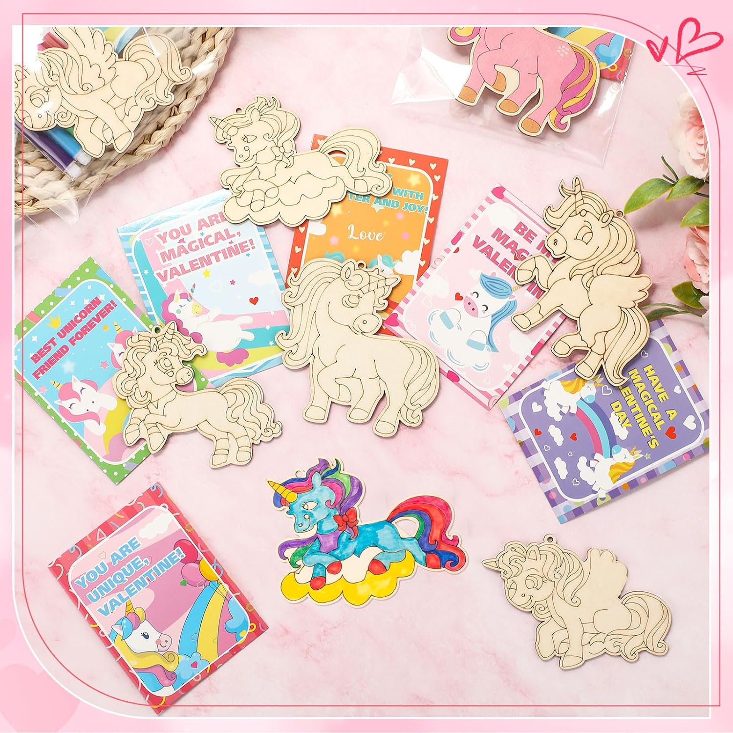 Leinuosen 24 Sets Unicorn Valentines Day Gifts Cards Wooden Painting Crafts Kit Unicorn Party Favors DIY Unfinished Wooden Crafts Exchange Gifts Cellophane Bags Markers