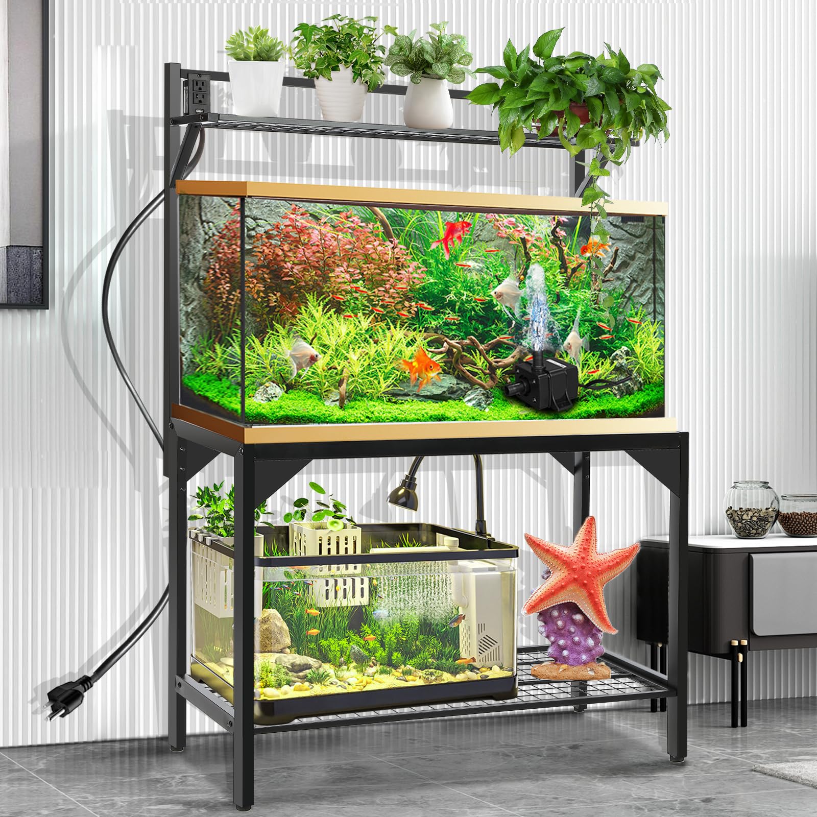 Soporte para pecera de 40-50 galones, soporte de acuario con tomas de corriente, mesa de 36.6 x 18.5 pulgadas, marco de metal grueso, soporte de tanque de reptiles para oficina en casa