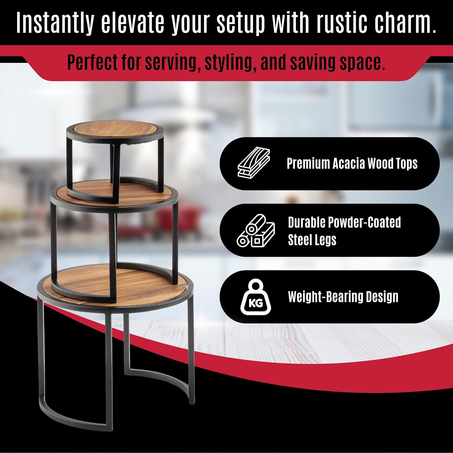 Tablecraft 12503 Acacia Wood Round Risers Set with Black Iron Bases, Set of 3 Stackable Display Risers for Restaurants & Catering, 6", 8", 10" Sizes