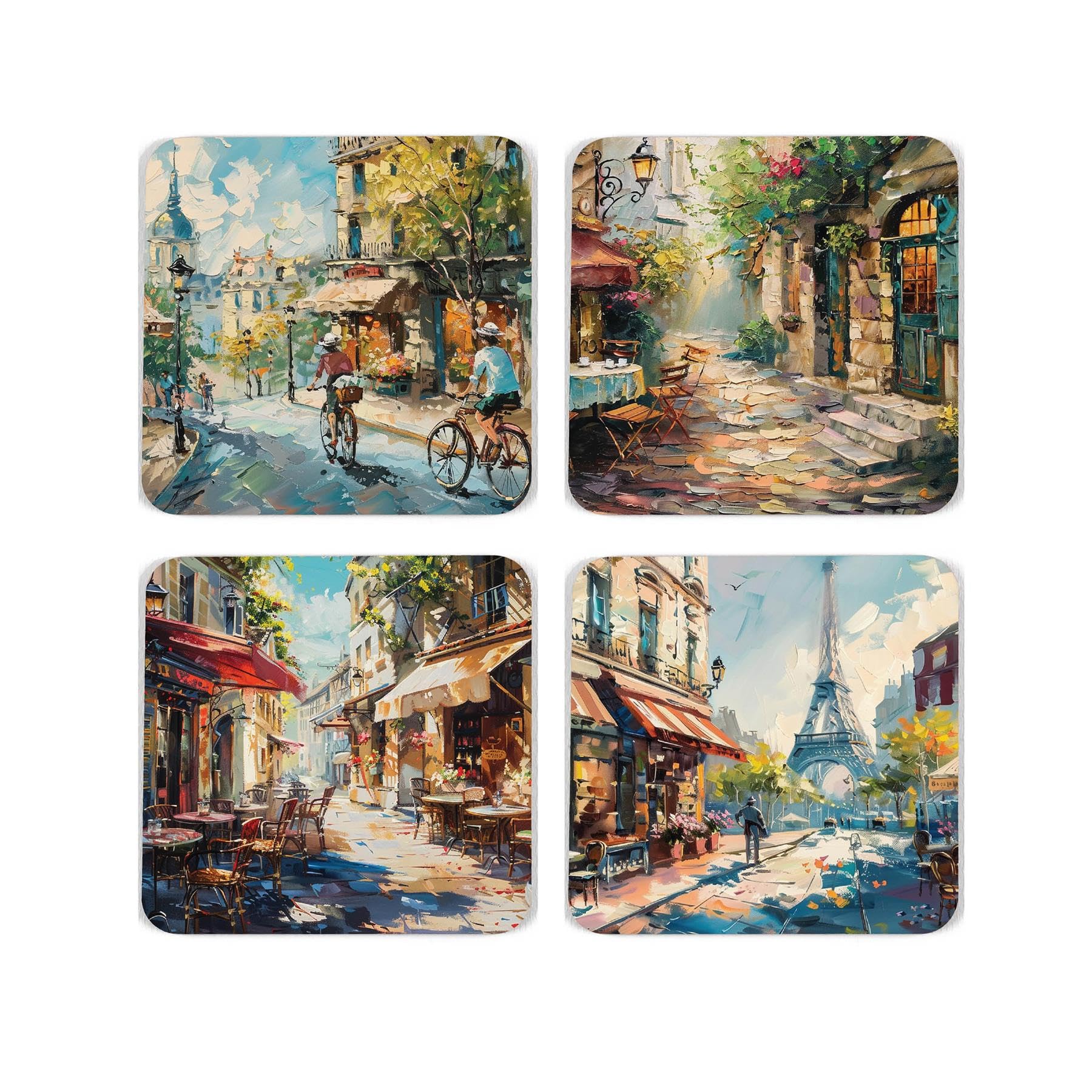 French Classics Cork Coaster Set - Parisian Street Watercolour Artwork - Set of Four (4) Square Drinks Coasters